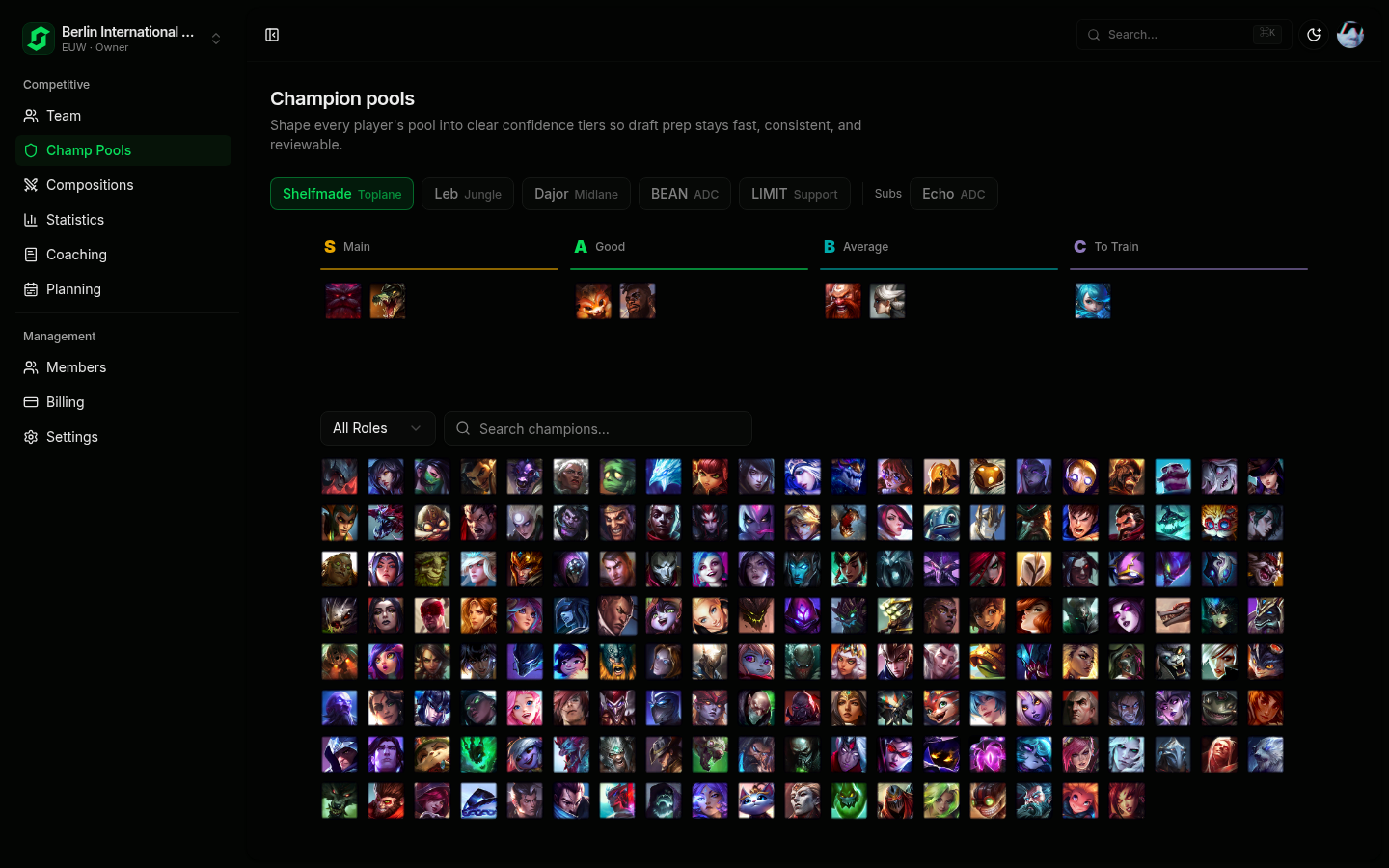 Scrimora champion pools board showing each player comfort picks by tier